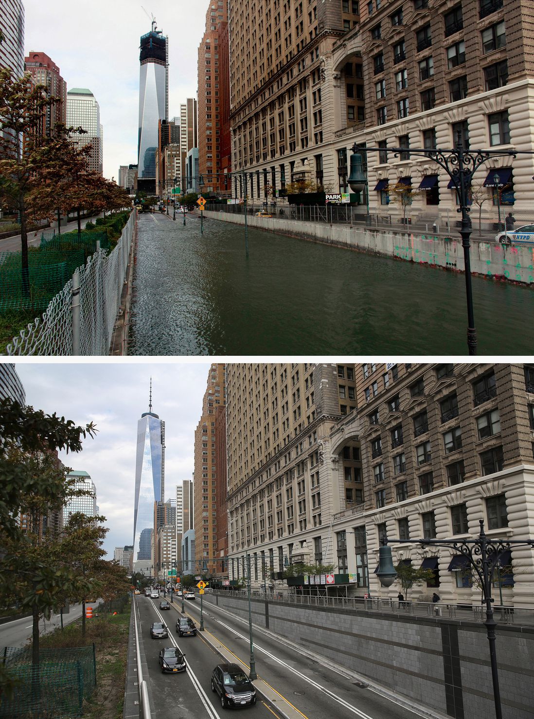 [Top] Hugh L. Carey Tunnel sits flooded after a tidal surge caused by Hurricane Sandy, on October 30, 2012 in New York City. [Bottom] Traffic passes from Manhattan into the Hugh L. Carey Tunnel on October 22, 2013 in New York City.